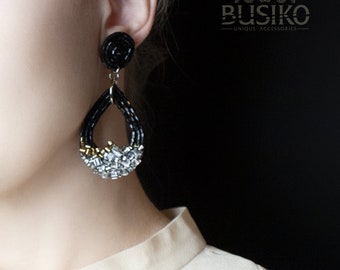 Black silver earrings. Statement geometric earrings. Beaded embroidered oversized drop. Stylish stunning earrings. Big beads chunky earrings