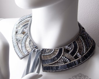 Detachable Art Deco Collar. Beaded Peter Pan Collar Necklace. Removable Gray Gatsby Necklace For Women. Make To Order