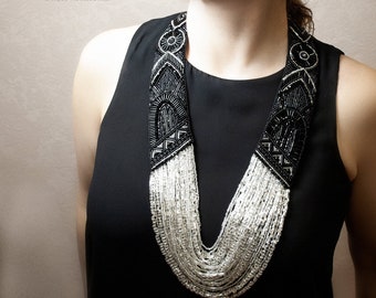 Black & silver collar necklace. Bib statement necklace. Bead embroidered bib necklaces. Long black and silver jewelry /// MAKE TO ORDER ///