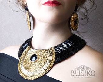 Black & gold collar necklace. Bib Egyptian necklace. Bead embroidered bib necklaces. Statement African jewelry // Make to order//