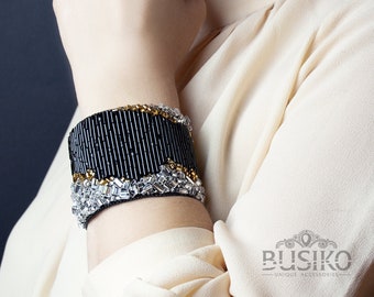Statement beaded cuff bracelet. Elegant bead embroidered accessory. Big bracelet with silver and gold crystal druse. High fashion jewelry.