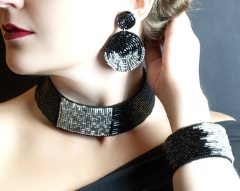 Wide black and silver choker. Statement choker necklace. Set of bead embroidered jewelry. Tribal collar choker. African jewelry for women