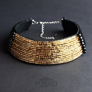 Wide black and gold choker. Statement choker necklace. Set of bead embroidered jewelry. Tribal collar choker. African jewelry for women