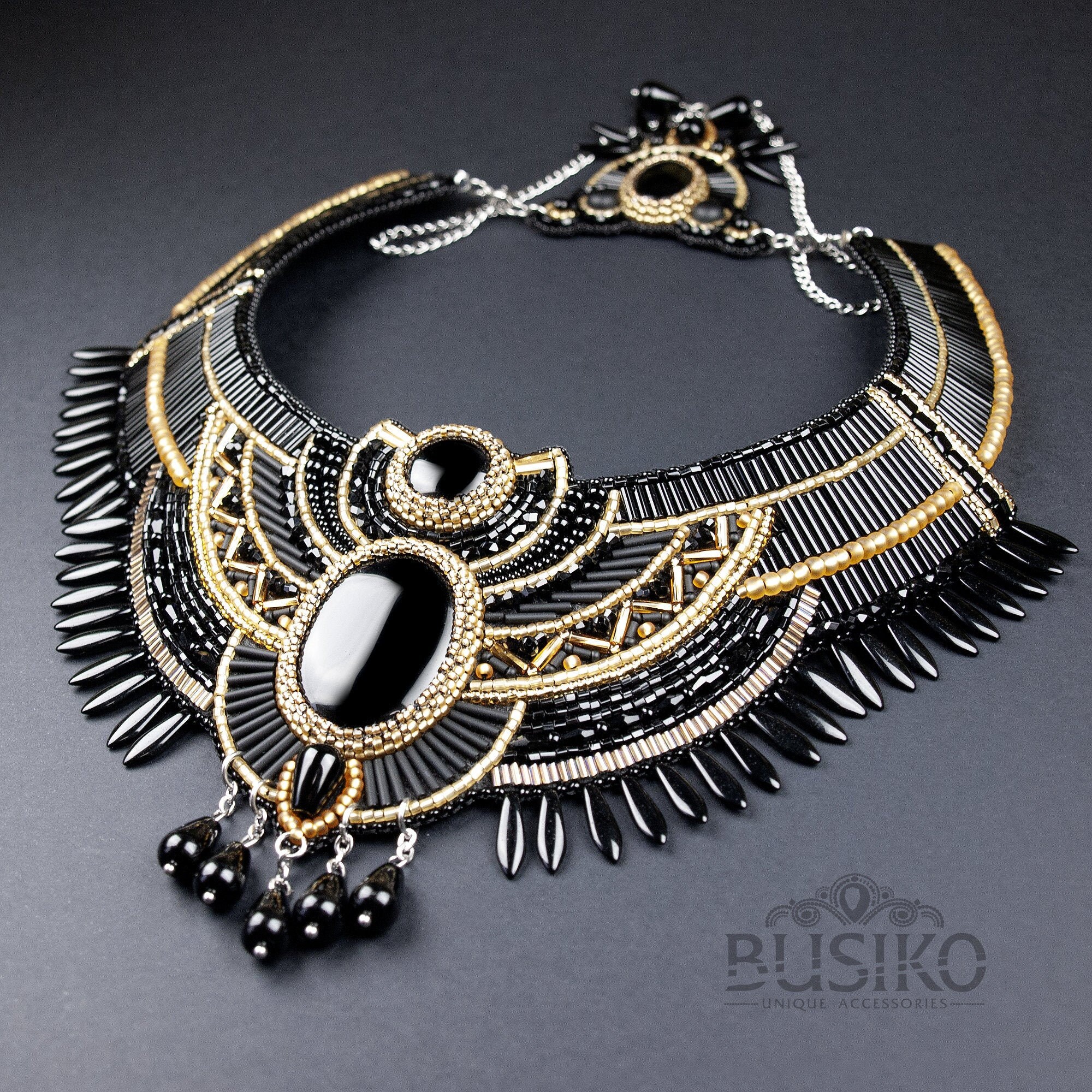 Egyptian collar necklace. Black and gold bib necklace. Beaded Etsy
