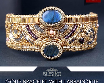 Gold Color Bracelet with Labradorite and Garnet Beads Tutorial – DIY Bead Embroidery PDF Pattern, Colorful Statement Jewelry Guide