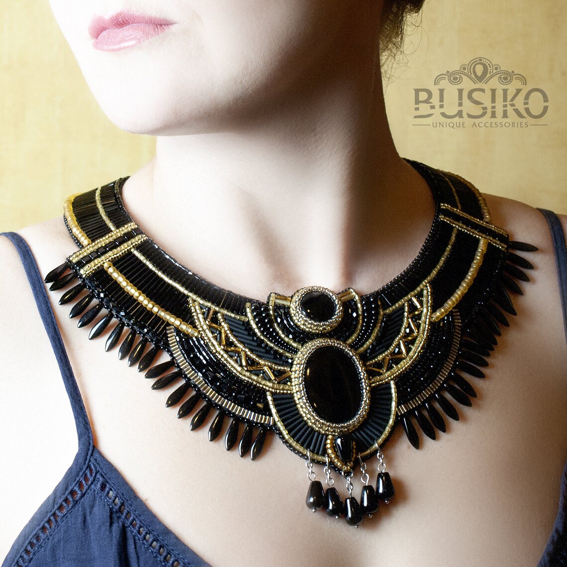 Egyptian collar necklace. Black and gold bib necklace. Beaded Etsy