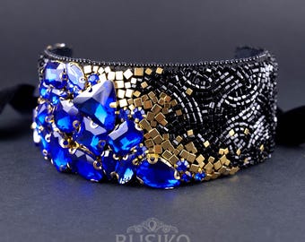 Wide Black Gold and Blue Choker with Rhinestones. Beaded necklace for a party. Statement necklace for evening outfit. High fashion jewelry