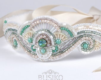 Art Deco headpiece. Women bridal belt vintage style. Bead embroidered necklace. Vintage Head band. Beige beaded choker. Art Deco Wedding