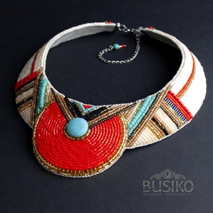 African necklace for women. Tribal bib necklace. Statement beaded collar necklace. Red ivory bead embroidered jewelry // MAKE TO ORDER