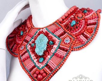 Bold Tribal Statement Wesekh Collar, Vibrant Red and Turquoise Beaded Bib, Unique Ethnic Jewelry, Boho Festival Necklace, Coral Broad Collar
