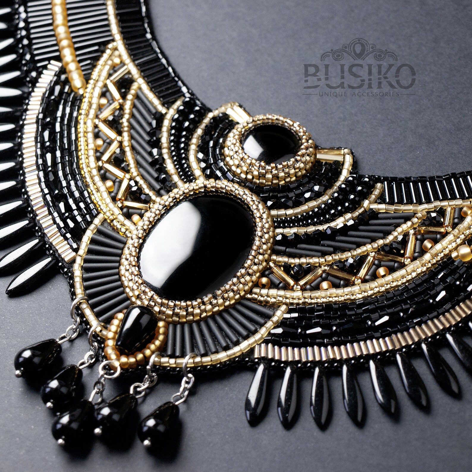 Egyptian collar necklace. Black and gold bib necklace. Beaded Etsy