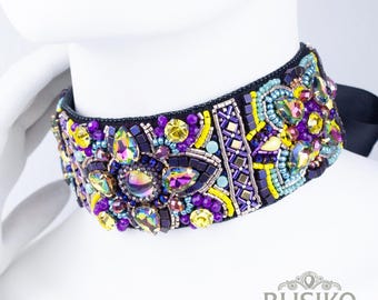 Colorful Beaded Choker Necklace – Moroccan Style Statement Jewelry, Boho Festival Neck Accessory, Headband Option