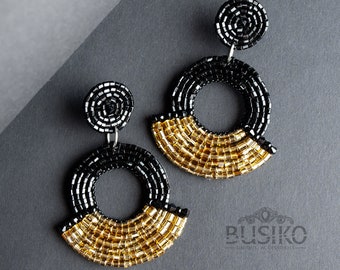 Black & gold earrings. Statement geometric earrings. Beaded embroidered oversized hoop. Stylish stunning earrings. Big beads african earring