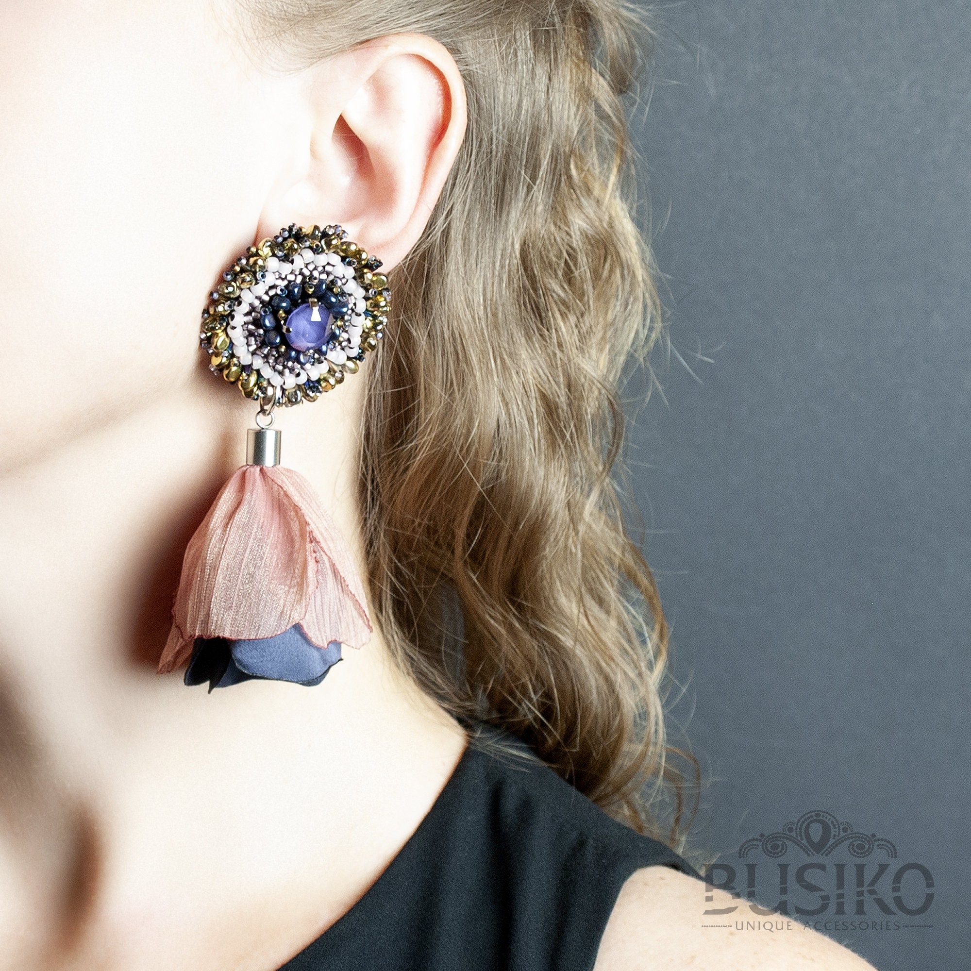 Silk Flower Earrings. Purple & Gold Beaded Earrings. Pink Etsy