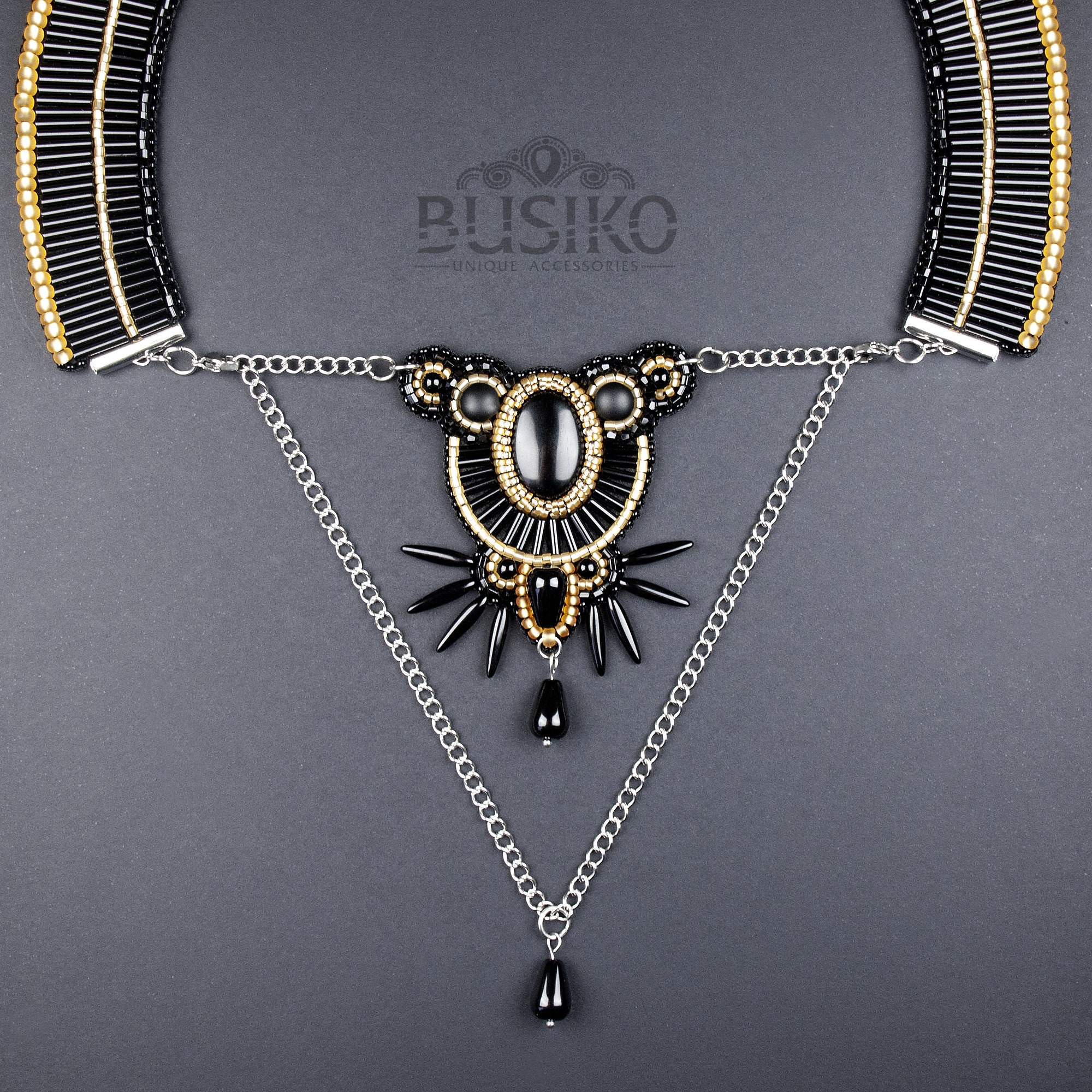 Egyptian collar necklace. Black and gold bib necklace. Beaded Etsy