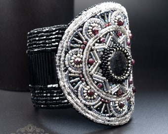 Art Deco beaded cuff bracelet. Black and silver bracelet. Beaded embroidered gothic jewelry. Mandala cuff