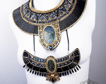 Pharaoh collar necklace Set. Black gold blue bib necklace with scarab pendant. Beaded Egyptian jewelry. Statement Cleopatra accessory.