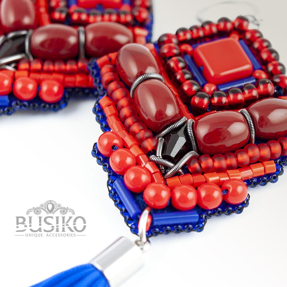 Red mexican earrings. Extra long tassels earrings. Statement Etsy