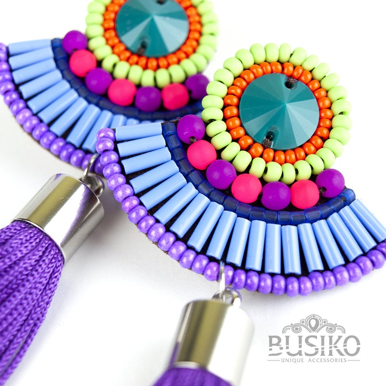 Colorful bead tassels earrings Beaded embroidered fringe Etsy