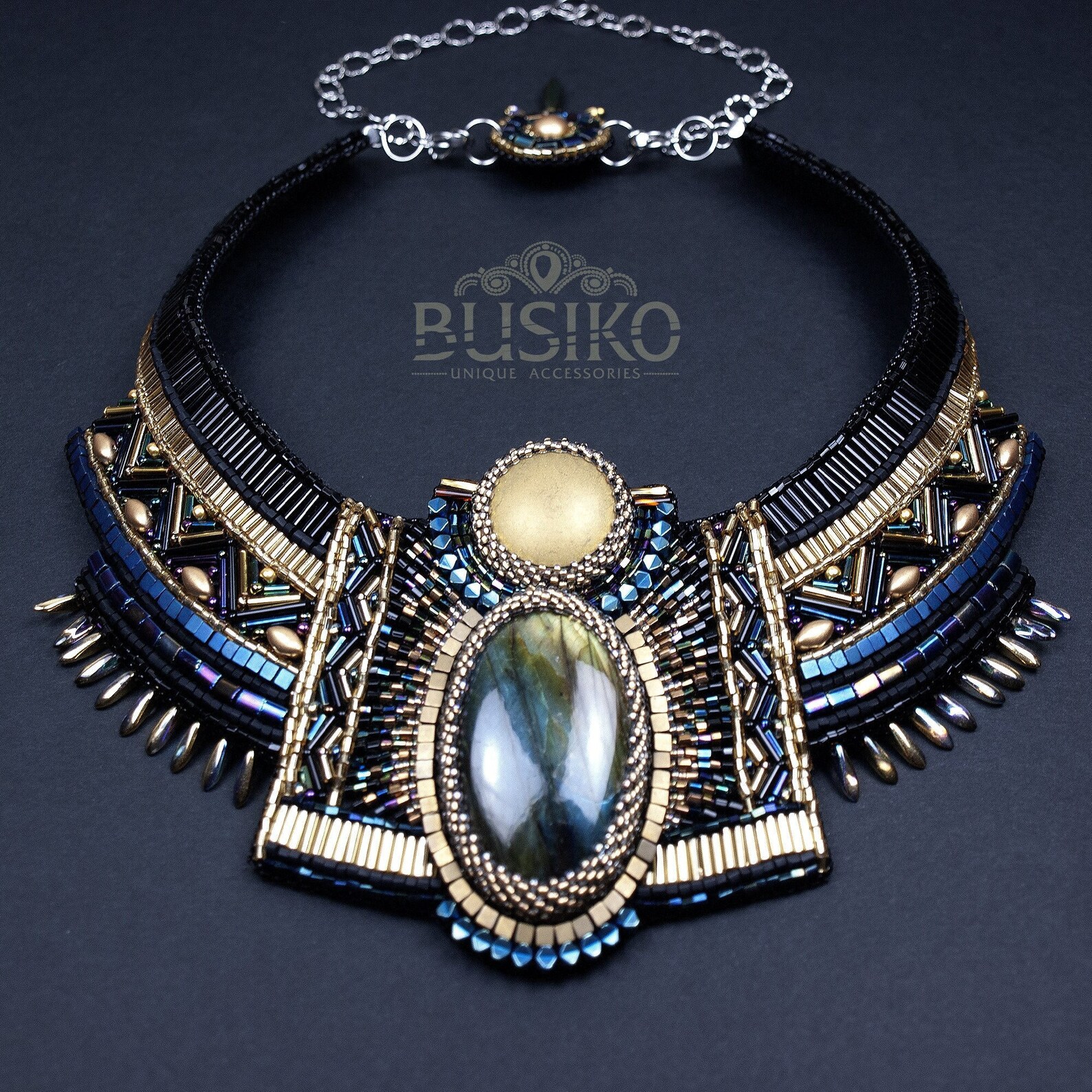 Egyptian Collar Necklace. Black Blue and Gold Bib Necklace. Etsy