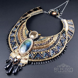 Egyptian Anubis collar necklace. Black gold bib necklace. Beaded embroidered Egyptian jewelry. Statement Cleopatra accessory. Make To Order