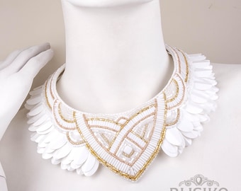 White Gold Dragon Scale Collar Necklace – Beaded Bib Statement Jewelry