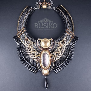 Egyptian Anubis collar necklace. Black bronze and gold bib necklace. Beaded embroidered Egyptian jewelry. Statement Cleopatra accessory.