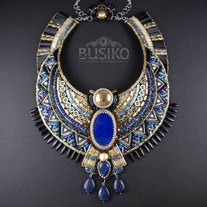 Egyptian Anubis necklace. Blue black gold bib necklace. Beaded embroidered Egyptian jewelry. Statement Cleopatra accessory. Make To Order