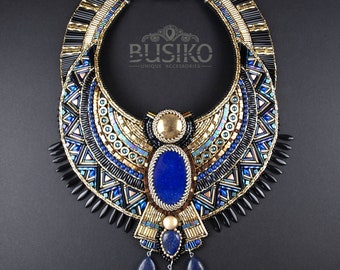 Egyptian Anubis necklace. Blue black gold bib necklace. Beaded embroidered Egyptian jewelry. Statement Cleopatra accessory. Make To Order