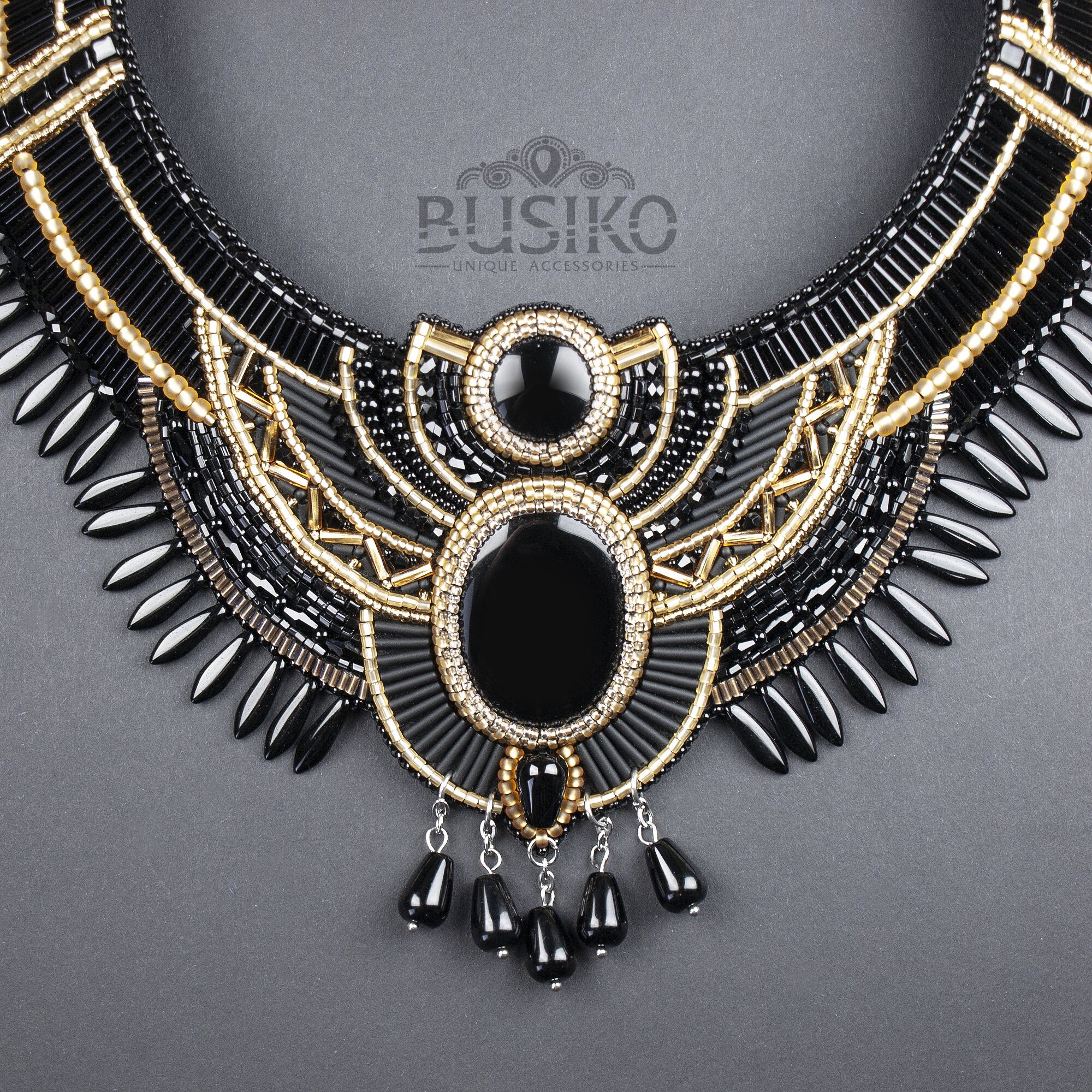 Egyptian collar necklace. Black and gold bib necklace. Beaded Etsy