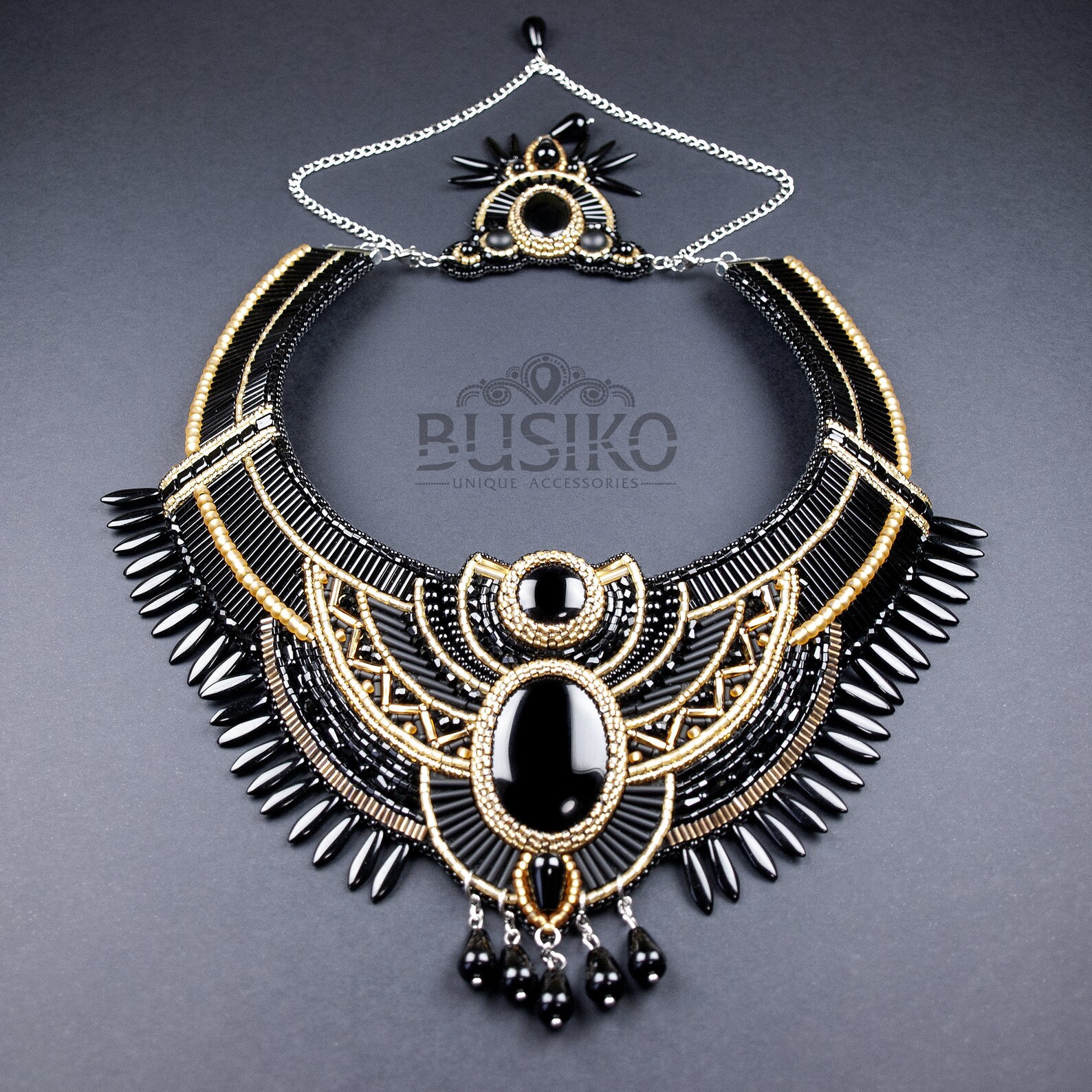 Egyptian collar necklace. Black and gold bib necklace. Beaded Etsy