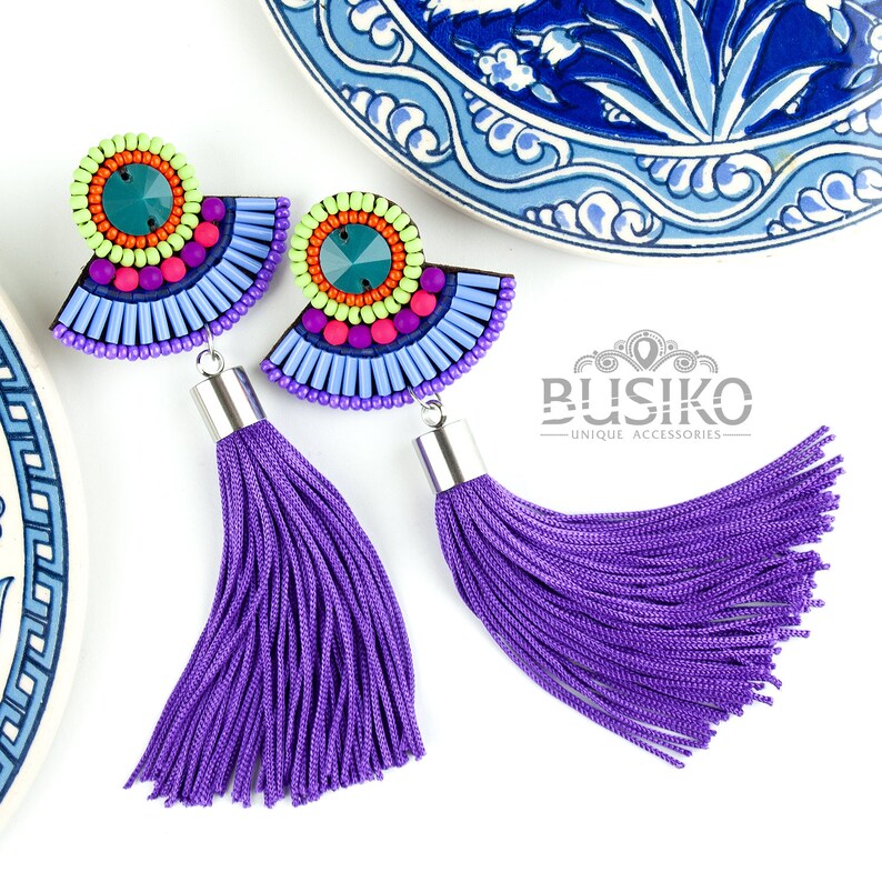Colorful bead tassels earrings Beaded embroidered fringe Etsy