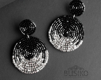 Black silver earrings. Statement geometric earrings. Beaded embroidered oversized hoop. Stylish stunning earrings. Big beads chunky earrings
