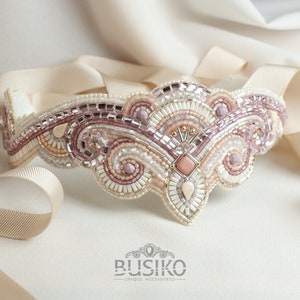 Art Deco bridal belt. Women headpiece vintage style. Gatsby Wedding belt. Gatsby headband. Ivory bead embroidered choker