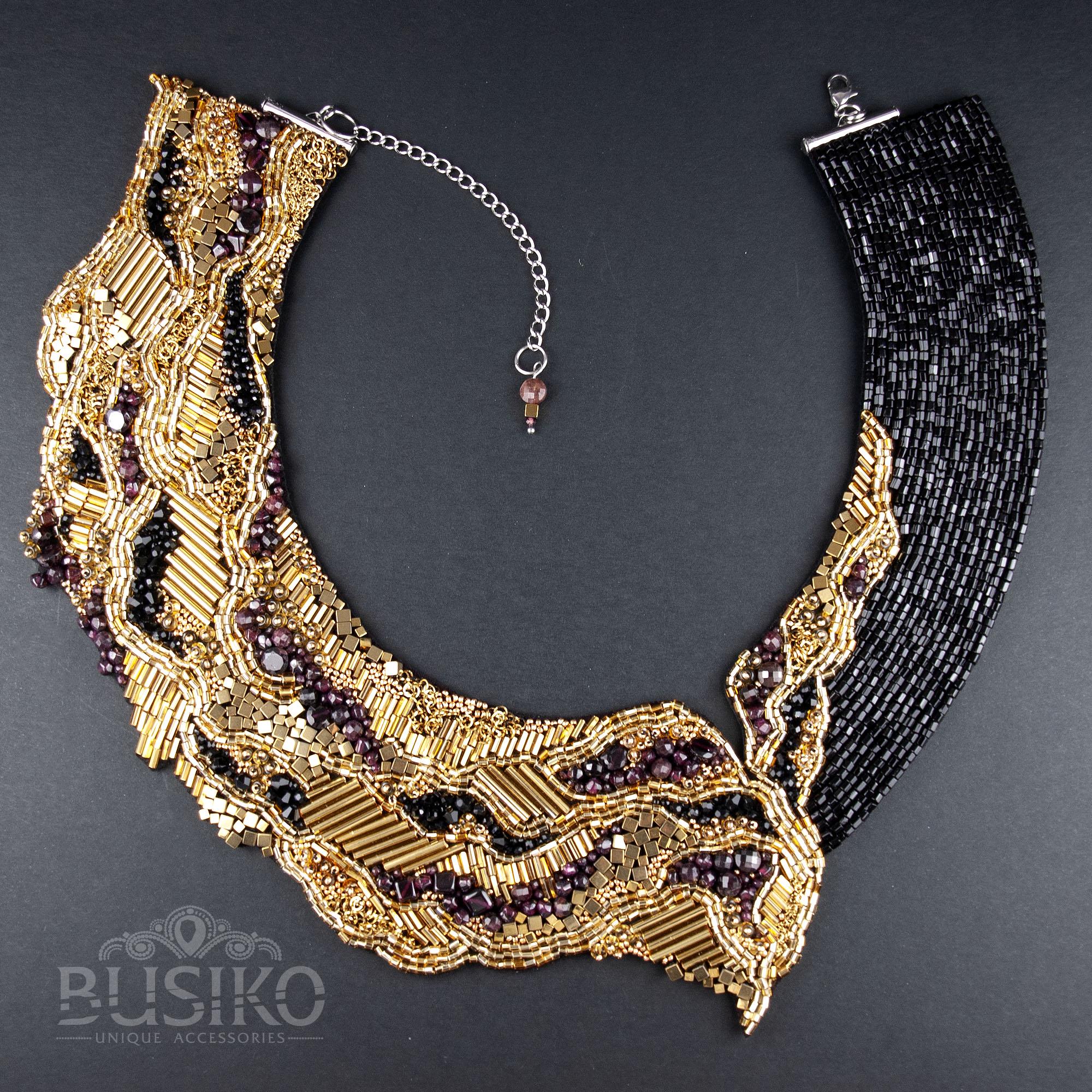 Gold Black Asymmetrical Necklace With Garnet Beads. Golden Druse ...