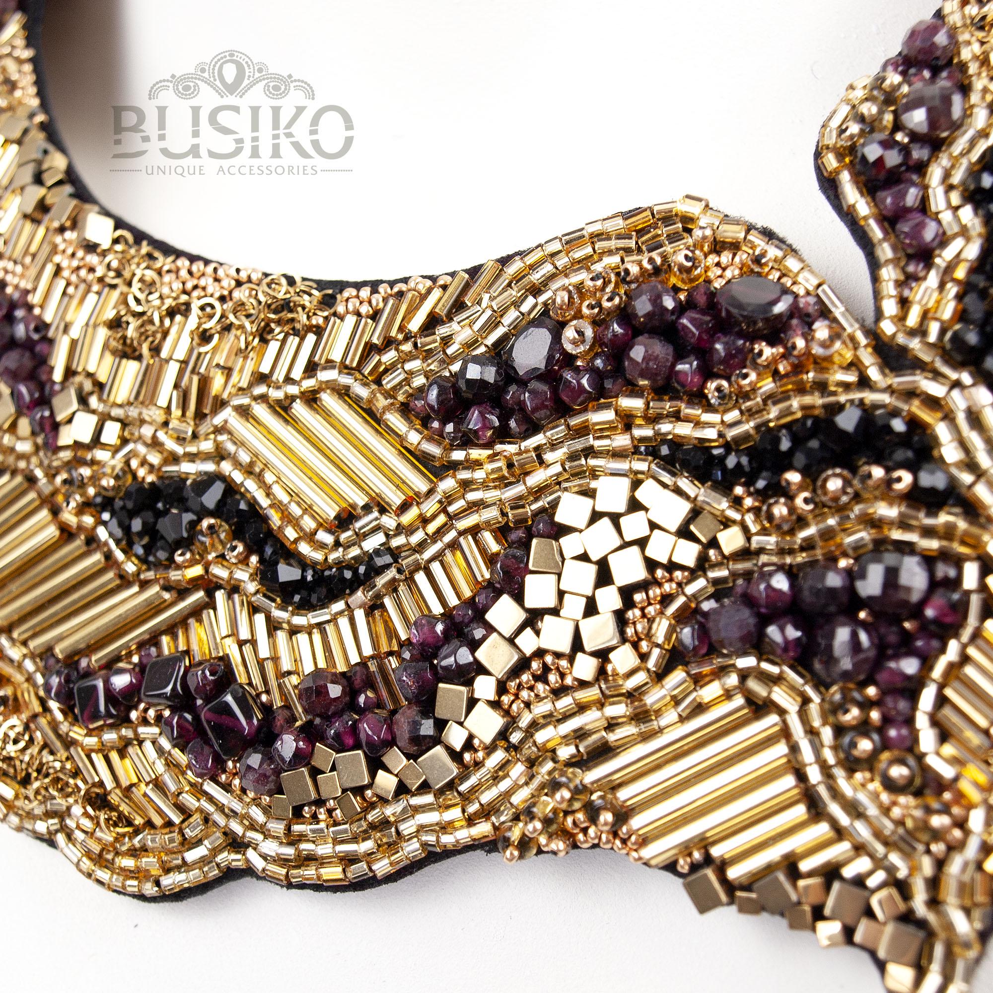 Gold Black Asymmetrical Necklace With Garnet Beads. Golden Druse ...