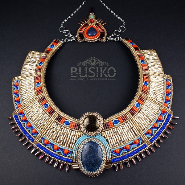 Egyptian beaded embroidered collar necklace. Statement Cleopatra jewelry. Ancient egypt bib necklace