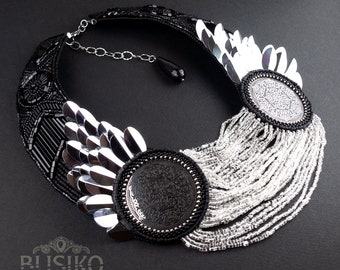 Pegasus Black and Silver Necklace. Statement collar necklace. Scalemail bib. Beaded and sequin necklace. Bead embroidered necklaces.