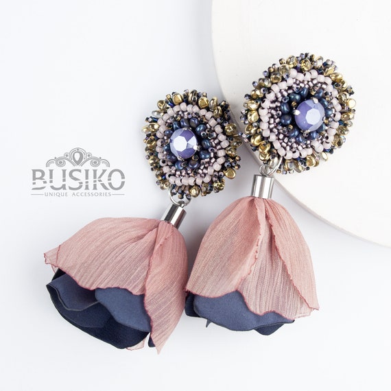 Silk flower earrings. Purple & gold beaded earrings. Pink Etsy