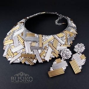Silver & gold necklace and earrings set. Bib statement collar necklace. Bead embroidered bib necklaces. High fashion jewelry.
