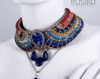 Egyptian beaded embroidered collar necklace. Statement Cleopatra jewelry. Ancient egypt bib necklace. Bright Egyptian choker /Make to order/