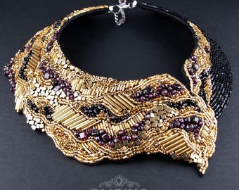 Gold Black Asymmetrical Necklace with Garnet Beads. Golden Druse Beadwork. Statement Necklace for Special Occasions. Unique Luxury Accessory