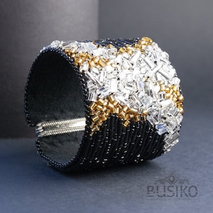 Statement beaded cuff bracelet. Elegant bead embroidered accessory. Big bracelet with silver and gold crystal druse. High fashion jewelry.