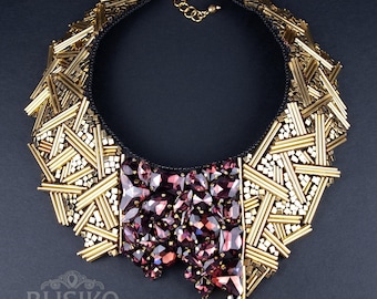 Statement Gold and Wine Red Beaded Collar Necklace. Bold Crystal Bib Necklace. Handmade Bead Embroidery Jewelry // Make to order //