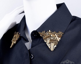 Chic Black Collar Dickey with Gold Embroidery. Detachable Shirt Collar Accessory. Elegant Women's Accessory Fashion. Black False Collar.