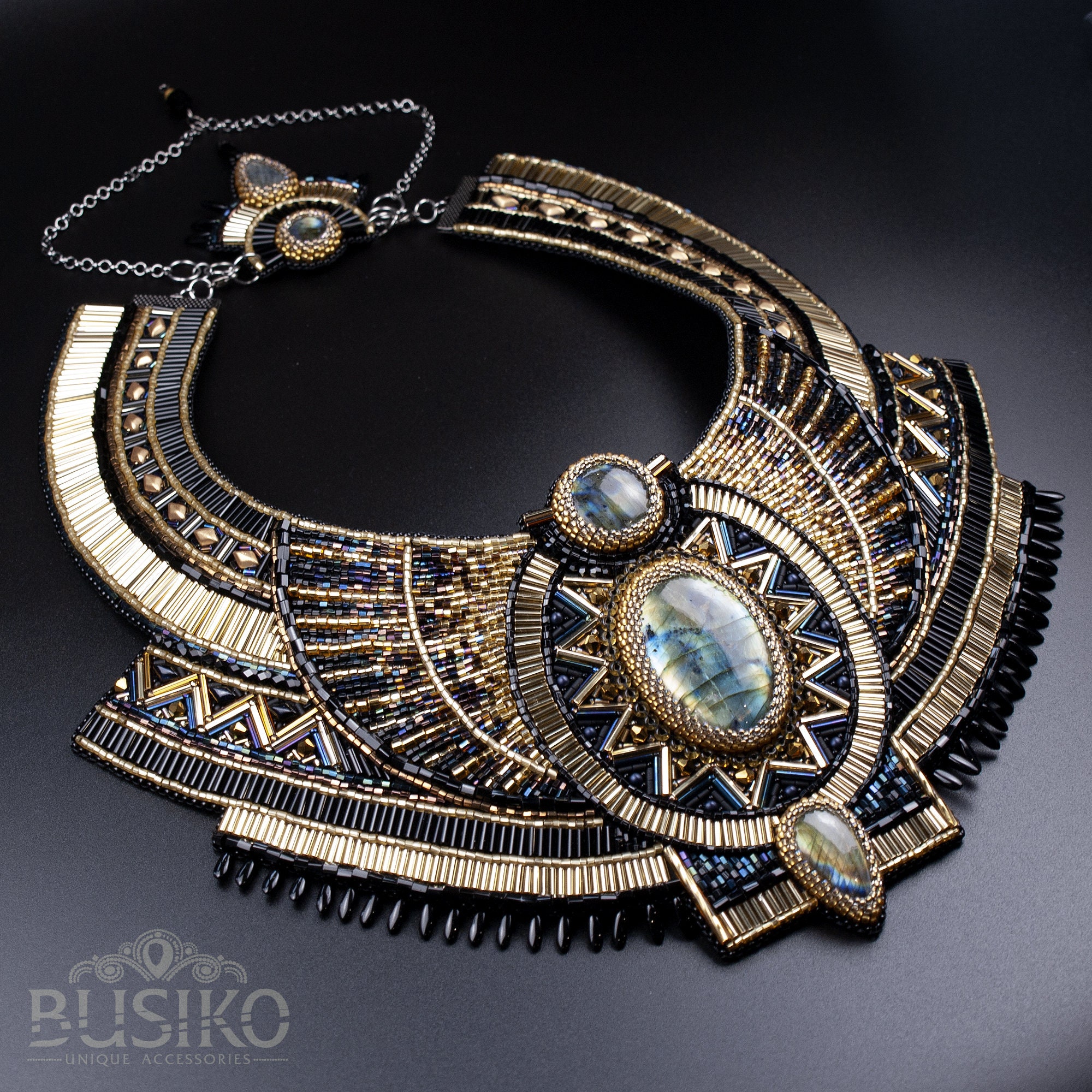 Egyptian collar necklace. Black and gold bib necklace. Beaded Etsy