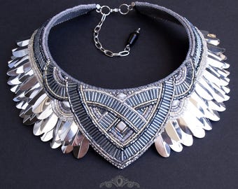 Pegasus Silver Necklace. Cleopatra collar necklace. Egyptian scalemail bib.  Bead carnival costume necklaces. //MAKE TO ORDER//