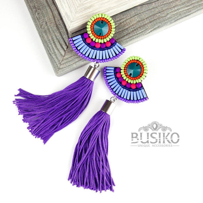 Colorful bead tassels earrings Beaded embroidered fringe Etsy