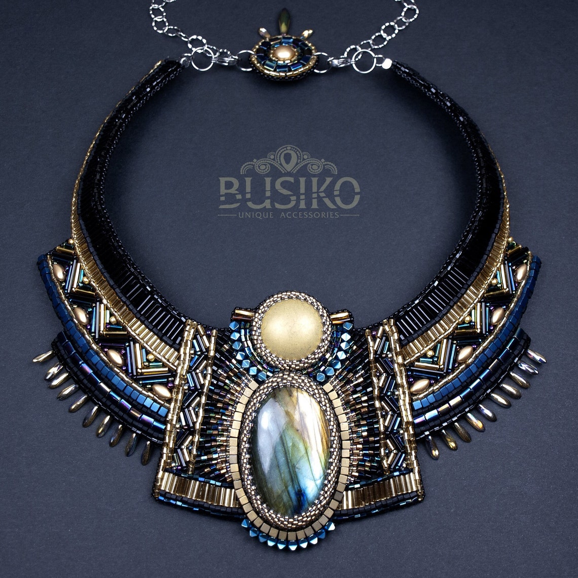 Egyptian Collar Necklace. Black Blue and Gold Bib Necklace. Etsy