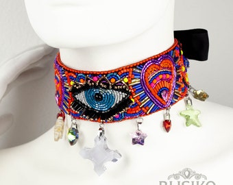 Mexican beaded choker Evil Eye necklace. Bright multicolored choker. Mexican ornaments. A vibrant necklace for a themed party /Make to order